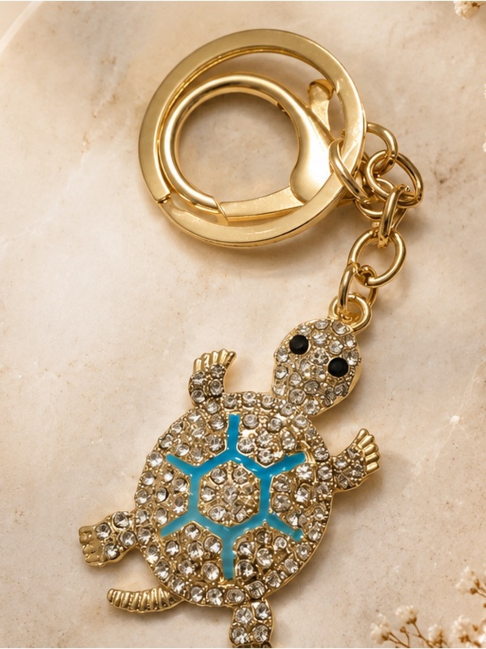 Sparkly Sea Turtle Rhinestone Keychain Charm Gold Blue Cute Beach Bag Charm NIP